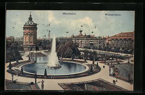 AK Mannheim, Teilansicht mit Wasserturm