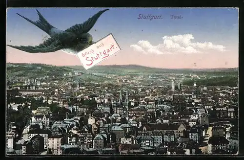 Grusskarten-AK Stuttgart, Schwalbe mit Gruss im Schnabel über der Stadt