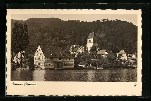 AK Bodman, Uferpartie mit Turm und Fachwerkhaus