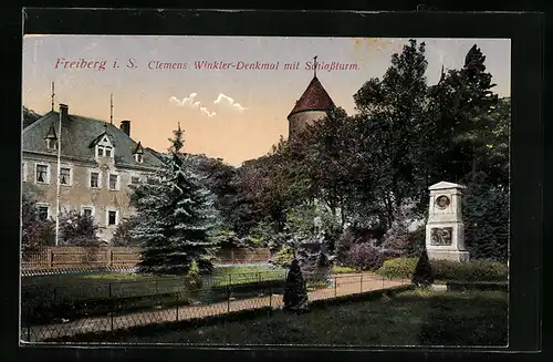 AK Freiberg i. Sa., Clemens Winkler-Denkmal mit Schlossturm