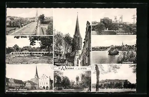 AK Werne /Lippe, Steinstrasse mit Pfarrkirche, Warmquellen-Sole-Freibad, Markt mit Rathaus, Zeche Werne I u. II