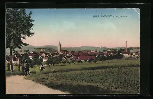 AK Bernstadt i. Sachsen, Ortsansicht vom Feld aus