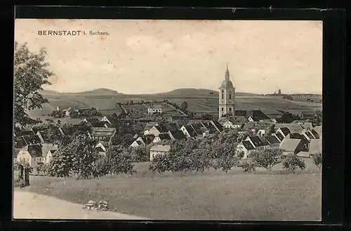 AK Bernstadt i. Sachsen, Ortsansicht von einem Berg aus