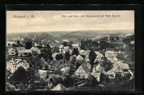 AK Bernstadt i. Sa., Blick vom Turm nach Kunnersdorf mit Kath. Kapelle