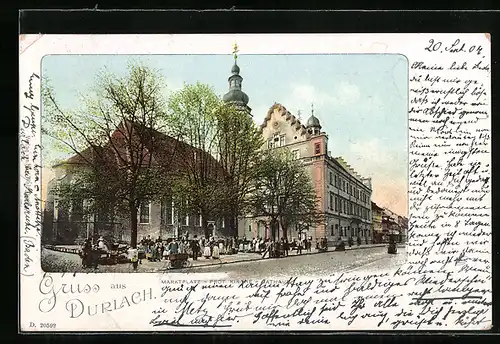 Lithographie Durlach, Marktplatz mit prot. Kirche und Rathaus