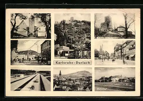 AK Karlsruhe-Durlach, Baslertor, Traindenkmal, Reichsautobahn, strasse, Bahnhof