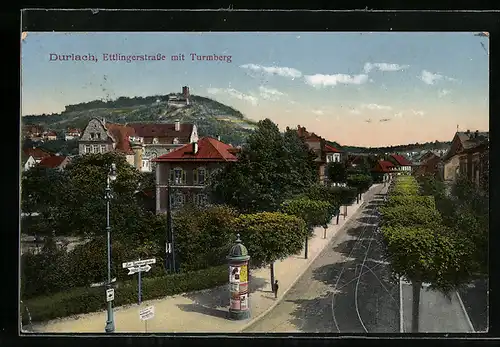 AK Durlach, Ettlingerstrasse mit Turmberg