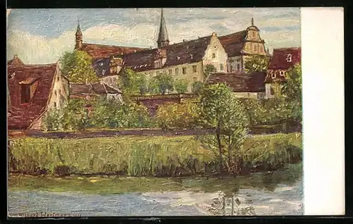 Künstler-AK Bronnbach an der Tauber, Blick zum Kloster