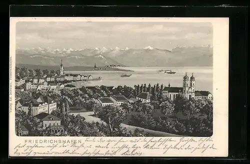 AK Friedrichshafen, Blick über die Stadt und Bodensee zum Gebirge