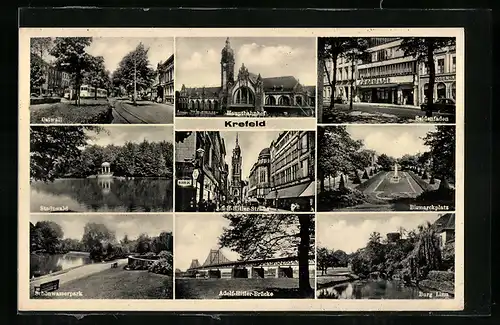 AK Krefeld, Hauptbahnhof, Strasse, Ostwall, Bismarckplatz, Burg Linn, Seidenfaden, Brücke