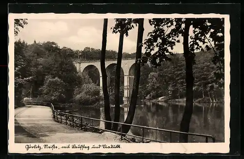 AK Görlitz, Neisse mit Laufsteg und Viadukt