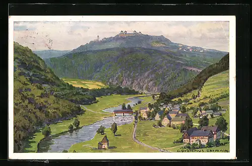 Künstler-AK Augustusburg i. Erzgeb., Blick von einem Berg aus der Ferne