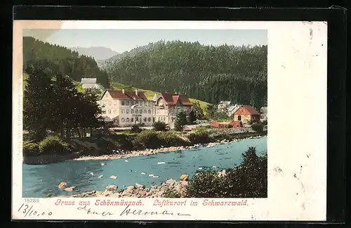 AK Schönmünzach im Schwarzwald, am Flussufer, Blick auf das Gasthaus