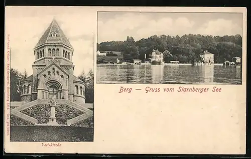 AK Berg am Starnberger See, Ortspartie über den See gesehen und Votivkirche