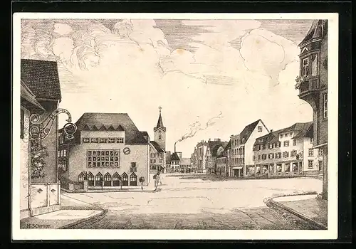 Künstler-AK Schwenningen a. N., Marktplatz mit Rathaus von der Dauchingerstrasse aus gesehen