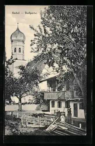 AK Kochel, Dorfpartie mit Kirche