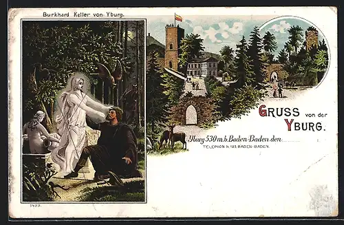 Lithographie Baden-Baden, Yburg mit Burkhard Keller von Yburg