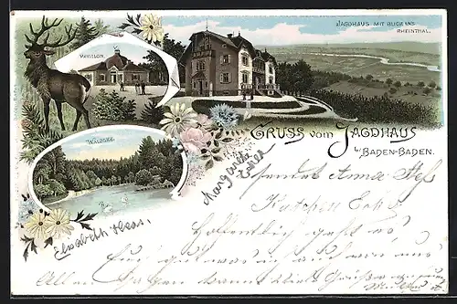 Lithographie Baden-Baden, Gasthaus Jagdhaus, Waldsee, Pavillon
