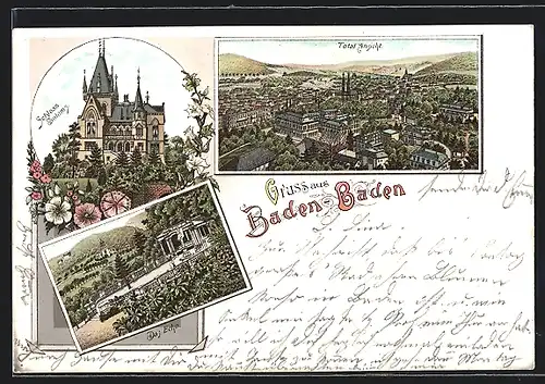 Lithographie Baden-Baden, Totalansicht, Schloss Soloms, Das Echo