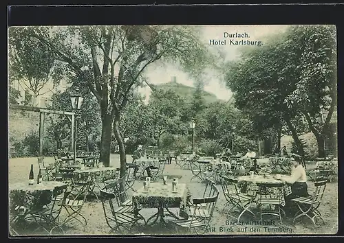 AK Durlach, Hotel Karlsburg-Gartenwirtschaft mit Blick auf den Turmberg