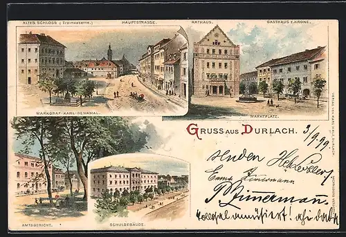 Lithographie Durlach, Markgraf-Karl-Denkmal, Marktplatz, Amtsgericht u. Schulgebäude