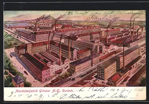 AK Durlach, Maschinenfabrik Gritzner AG aus der Vogelschau