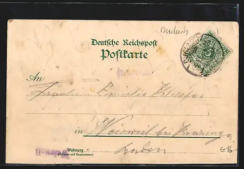 Lithographie Durlach, Prot. Kirche, Turmberg, Baselthor u. Strassenpartie