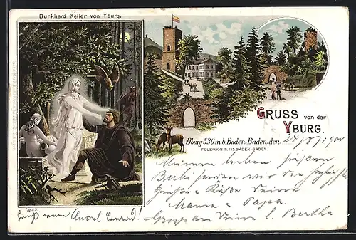 Lithographie Yburg, Burkhard Keller von Yburg mit Statuen, Burgansicht
