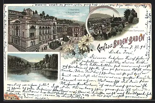 Lithographie Baden-Baden, Waldsee, Friedrichs- u. Augustabad, Schloss-Terrasse