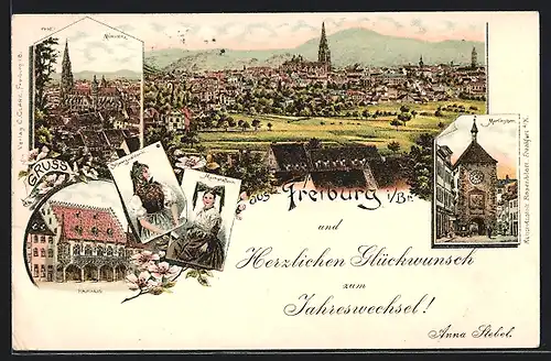 Vorläufer-Lithographie Freiburg i. Br., 1895, Kaufhaus, Münster, Martinstor, Totalansicht