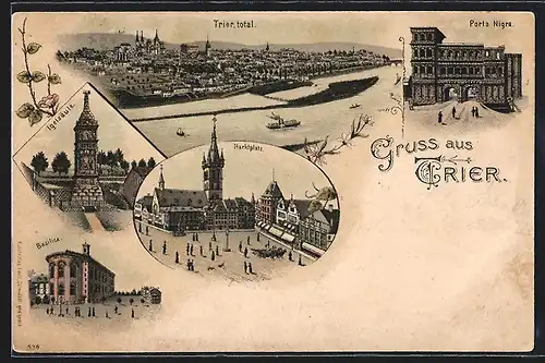 Lithographie Trier, Porta Nigra, Igelsäule, Basilica, Marktplatz