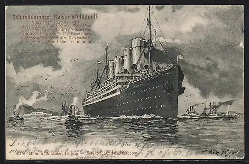 Künstler-AK Willy Stoewer: Schnelldampfer Kaiser Wilhelm II. sticht in See