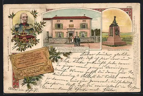 Lithographie St. Privat, Nachtquartier, Sachsendenkmal und Portrait Kronprinz Albert von Sachsen