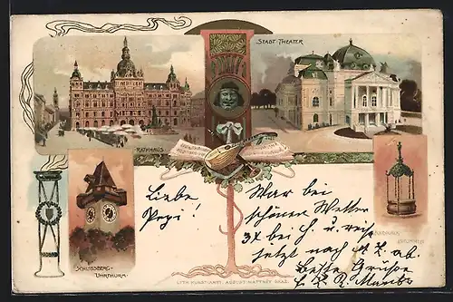 Lithographie Graz, 6. Sängerbundesfest, Schlossberg u. Uhrturm, Stadt-Theater, Landhaus-Brunnen