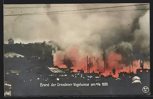 AK Dresden, Brand der Dresdener Vogelwiese am 2. August 1909