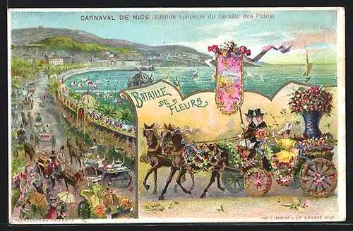Lithographie Nice / Nizza, Carnaval / Karneval, Bataille de Fleurs