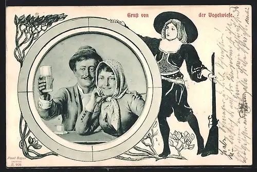 AK Dresden, Gruss von der Dresdener Vogelwiese, Schütze und Schiessscheibe mit einem Paar