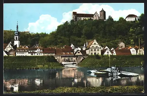 AK Rothenfels a. M., Mainpartie mit Fähre, Blick zur Burg Rothenfels