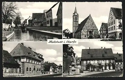 AK Hallstadt / Oberfr., Mühlbach, Kreis-Sparkasse, Apotheke und Kirche mit Rathaus