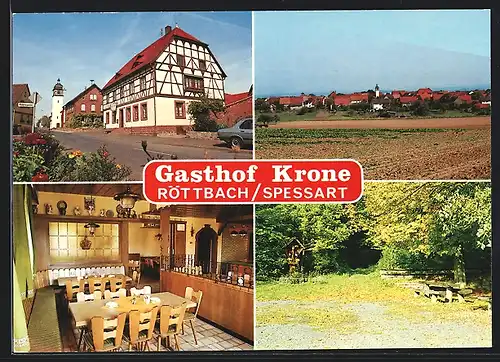 AK Röttbach / Spessart, Gasthof Krone, Innenansicht, Ortspartie mit Jesuskreuz