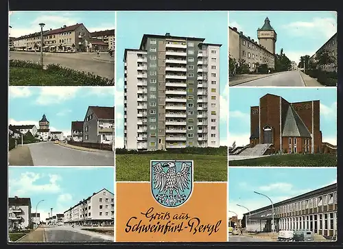 AK Schweinfurt-Bergl, Strassenpartie mit Geschäften, Kirche, Gebäudeansicht