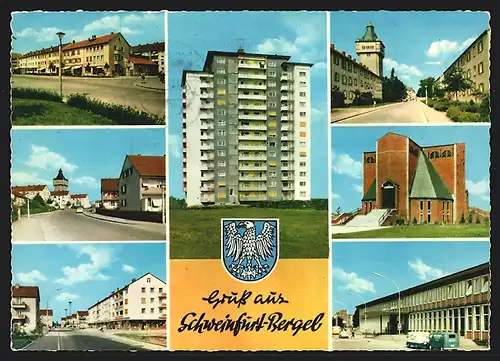 AK Schweinfurt-Bergl, Strassenpartie, Hochhaus und Kirche