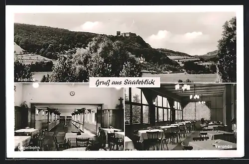 AK Hammelburg, Kegelbahn und Veranda der Gaststätte Saaleblick, Ausblick