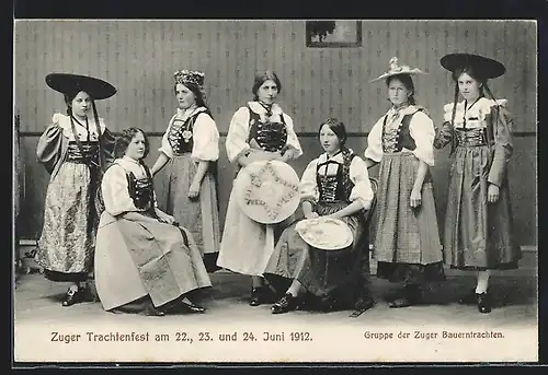 AK Zug, Trachtenfest im Juni 1912, Gruppe der Zuger Bauerntrachten