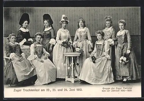 AK Zug, Trachtenfest im Juni 1912, Grupper der Zuger Patrizier aus der Jahrzeit 1690 - 1800