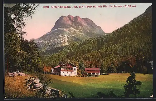 AK Vulpera / Unter-Engadin, Ortspartie mit St. Jon und Piz Lischanna