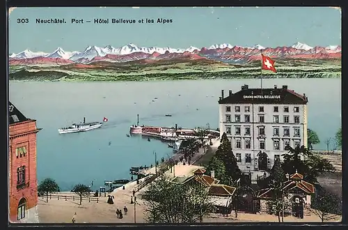 AK Neuchâtel, Port, hôtel Bellevue et les Alpes, Dampfer