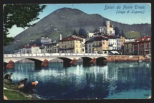 AK Ponte Tresa / Lago di Lugano, Flusspartie mit Brücke