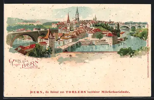 Lithographie Bern, Panoramablick auf die Stadt