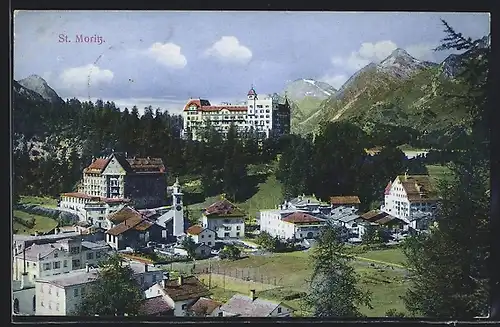 AK Sankt Moritz, Ortspartie aus der Vogelschau